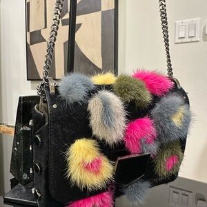 Jimmy Choo Lockett Petite Cerise Mix Pony shoulder Bag w Multicolor Fur Accents